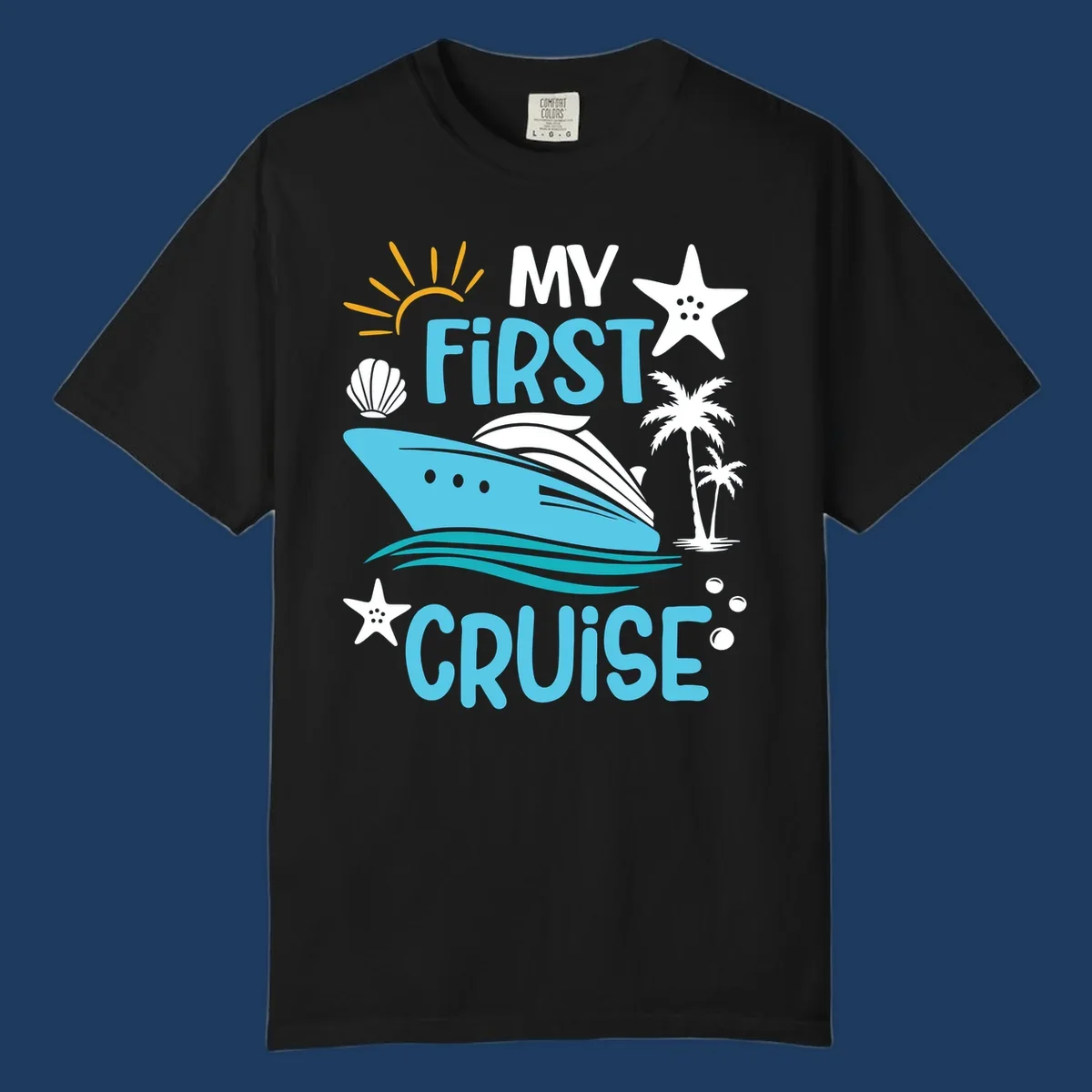 Colorful nautical design with cruise ship, palm trees, starfish, sun and waves illustrating 'My First Cruise' concept