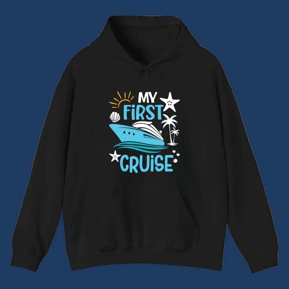 Colorful nautical design with cruise ship, palm trees, starfish, sun and waves illustrating 'My First Cruise' concept