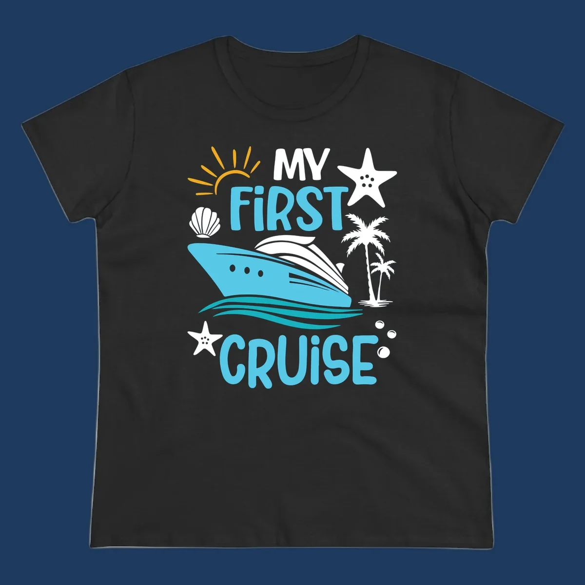 Colorful nautical design with cruise ship, palm trees, starfish, sun and waves illustrating 'My First Cruise' concept