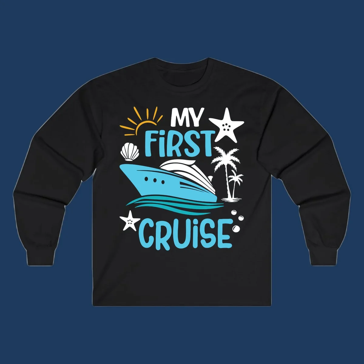 Colorful nautical design with cruise ship, palm trees, starfish, sun and waves illustrating 'My First Cruise' concept