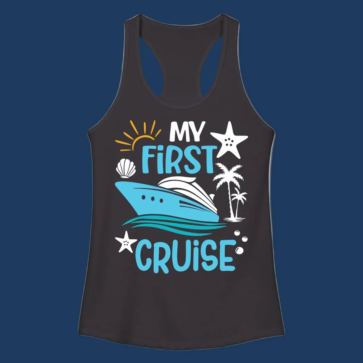Colorful nautical design with cruise ship, palm trees, starfish, sun and waves illustrating 'My First Cruise' concept