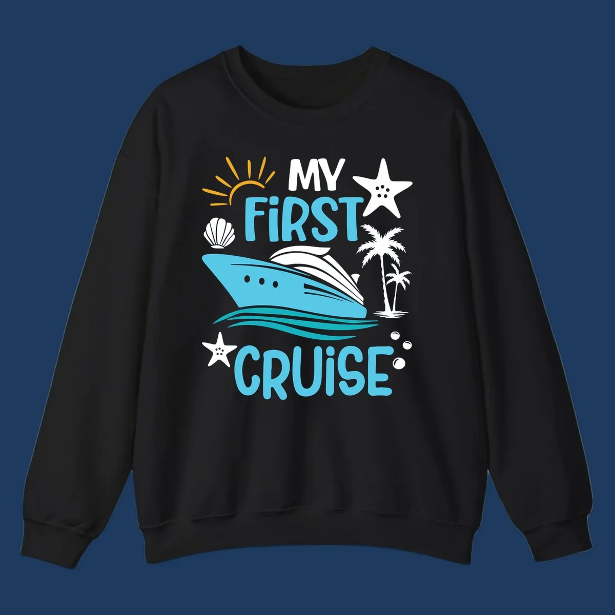 Colorful nautical design with cruise ship, palm trees, starfish, sun and waves illustrating 'My First Cruise' concept