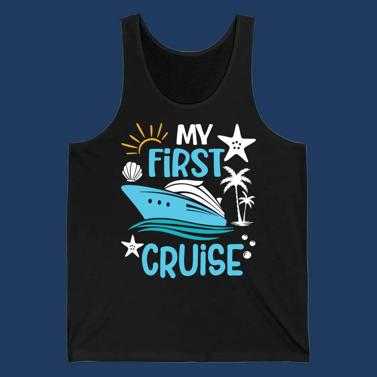 Colorful nautical design with cruise ship, palm trees, starfish, sun and waves illustrating 'My First Cruise' concept