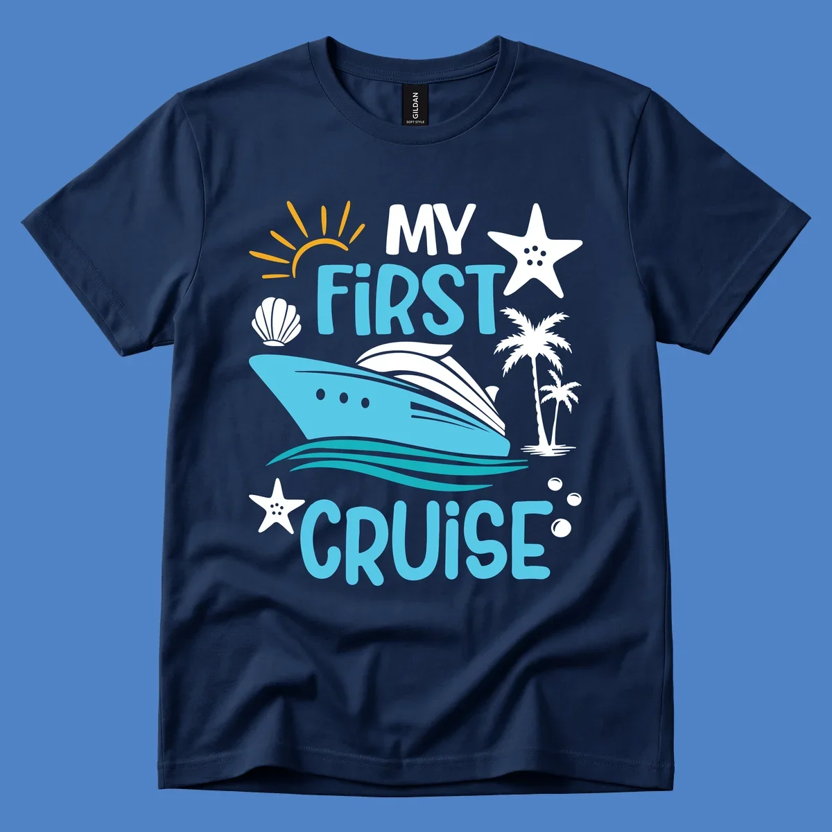 Colorful nautical design with cruise ship, palm trees, starfish, sun and waves illustrating 'My First Cruise' concept