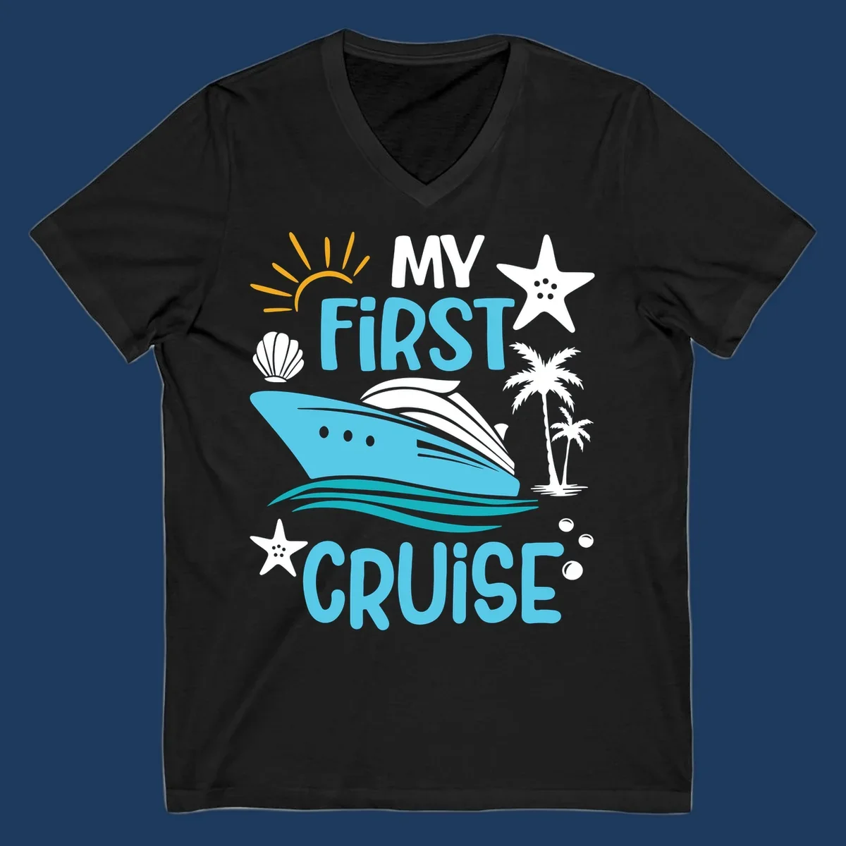 Colorful nautical design with cruise ship, palm trees, starfish, sun and waves illustrating 'My First Cruise' concept
