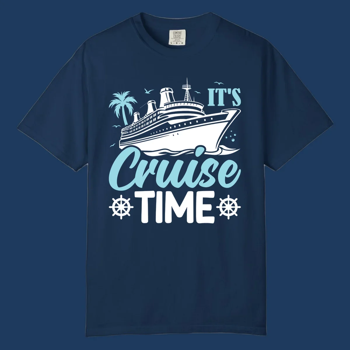 Cruise ship illustration with palm tree, ship wheels, and 'It's Cruise Time' text in light blue and white on gray background