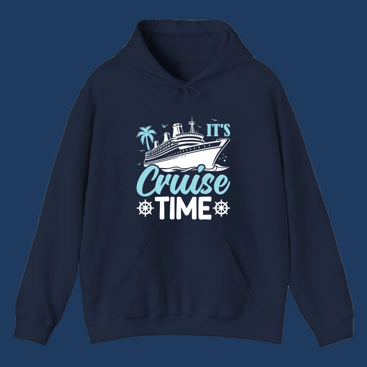 Cruise ship illustration with palm tree, ship wheels, and 'It's Cruise Time' text in light blue and white on gray background