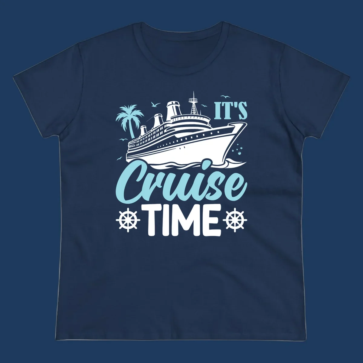 Cruise ship illustration with palm tree, ship wheels, and 'It's Cruise Time' text in light blue and white on gray background