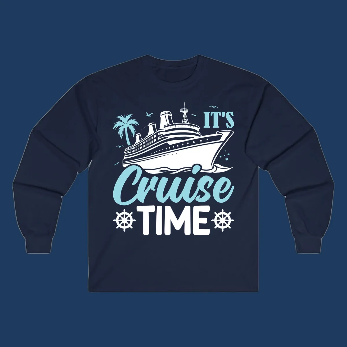 Cruise ship illustration with palm tree, ship wheels, and 'It's Cruise Time' text in light blue and white on gray background