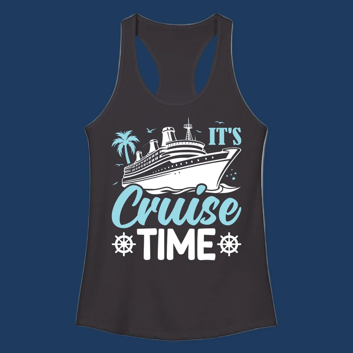 Cruise ship illustration with palm tree, ship wheels, and 'It's Cruise Time' text in light blue and white on gray background