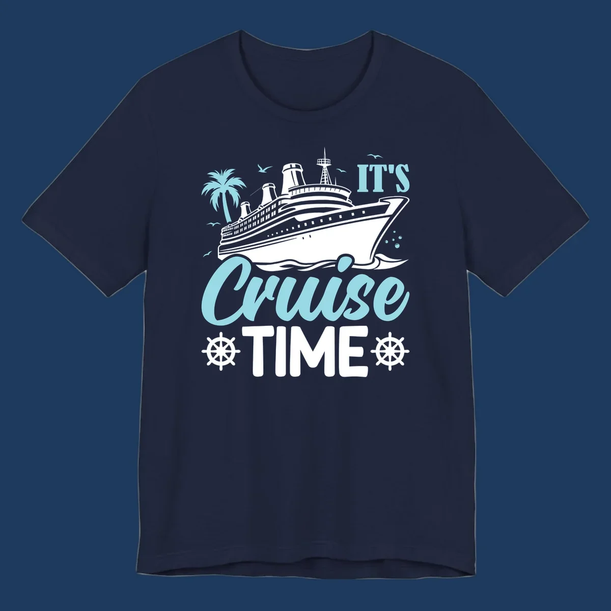 Cruise ship illustration with palm tree, ship wheels, and 'It's Cruise Time' text in light blue and white on gray background