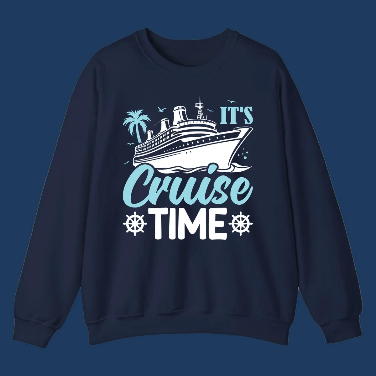 Cruise ship illustration with palm tree, ship wheels, and 'It's Cruise Time' text in light blue and white on gray background