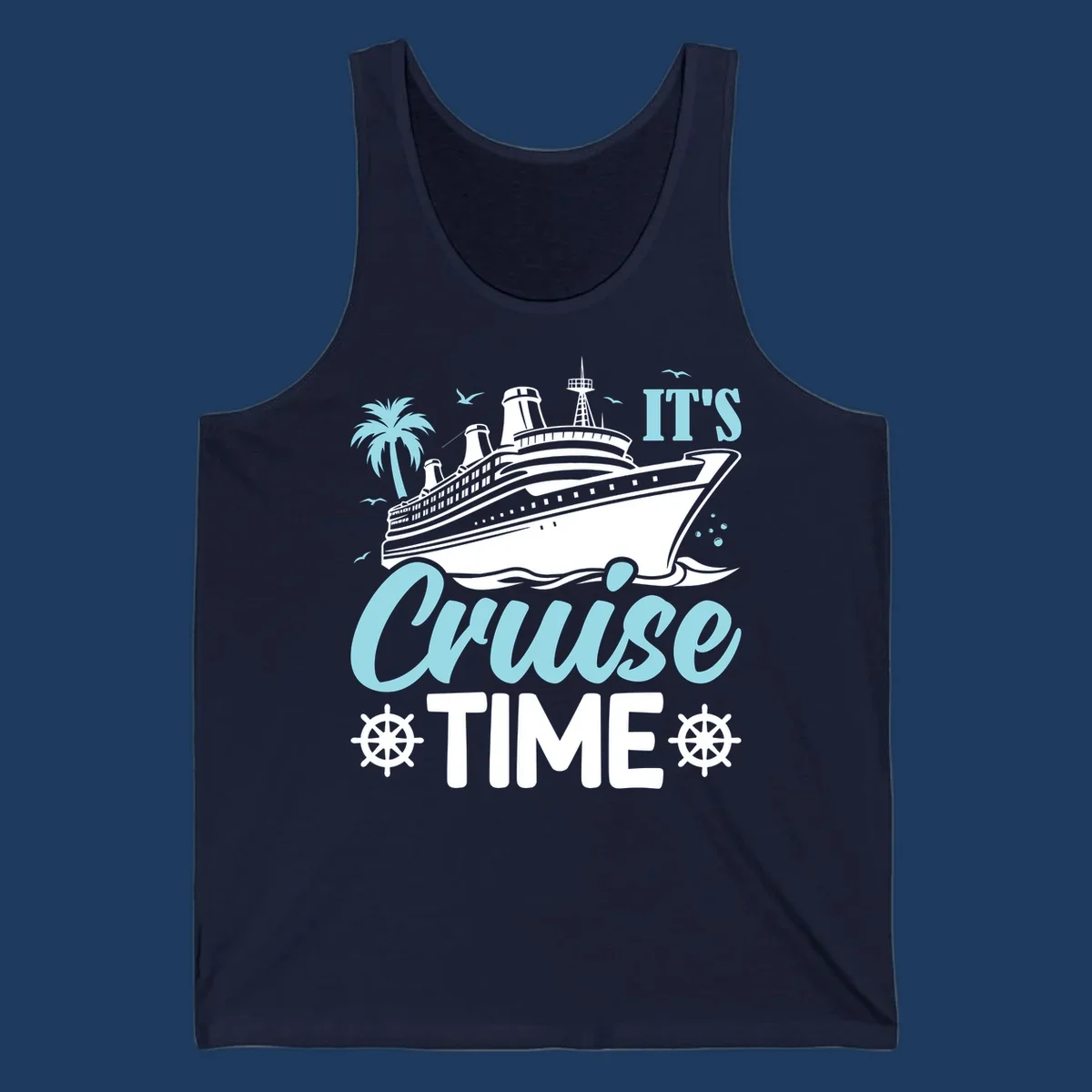 Cruise ship illustration with palm tree, ship wheels, and 'It's Cruise Time' text in light blue and white on gray background