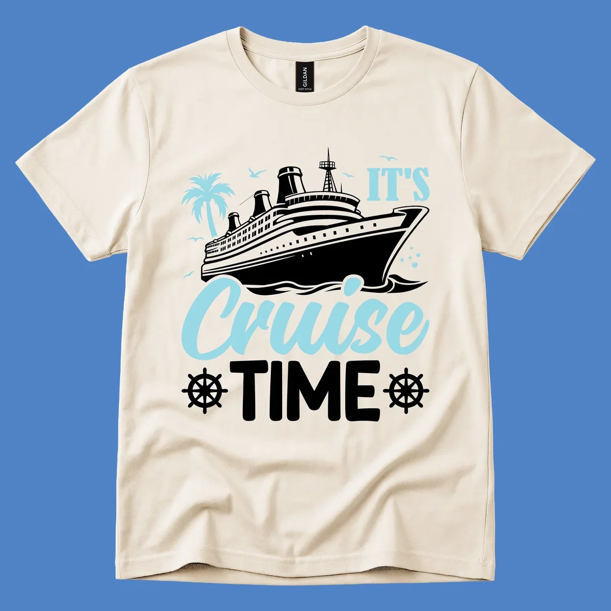 Cruise ship illustration with palm tree, ship wheels, and 'It's Cruise Time' text in light blue and white on gray background