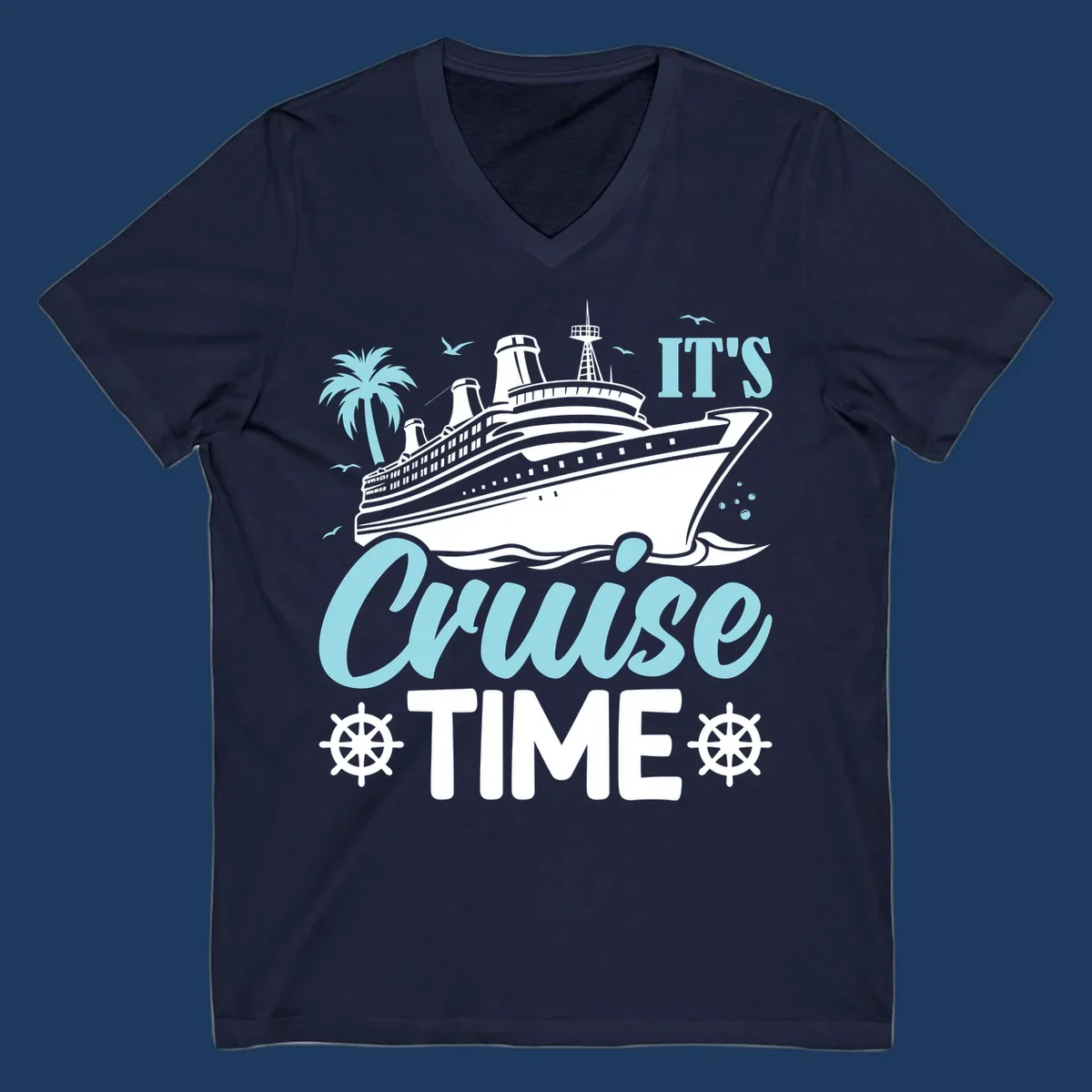 Cruise ship illustration with palm tree, ship wheels, and 'It's Cruise Time' text in light blue and white on gray background