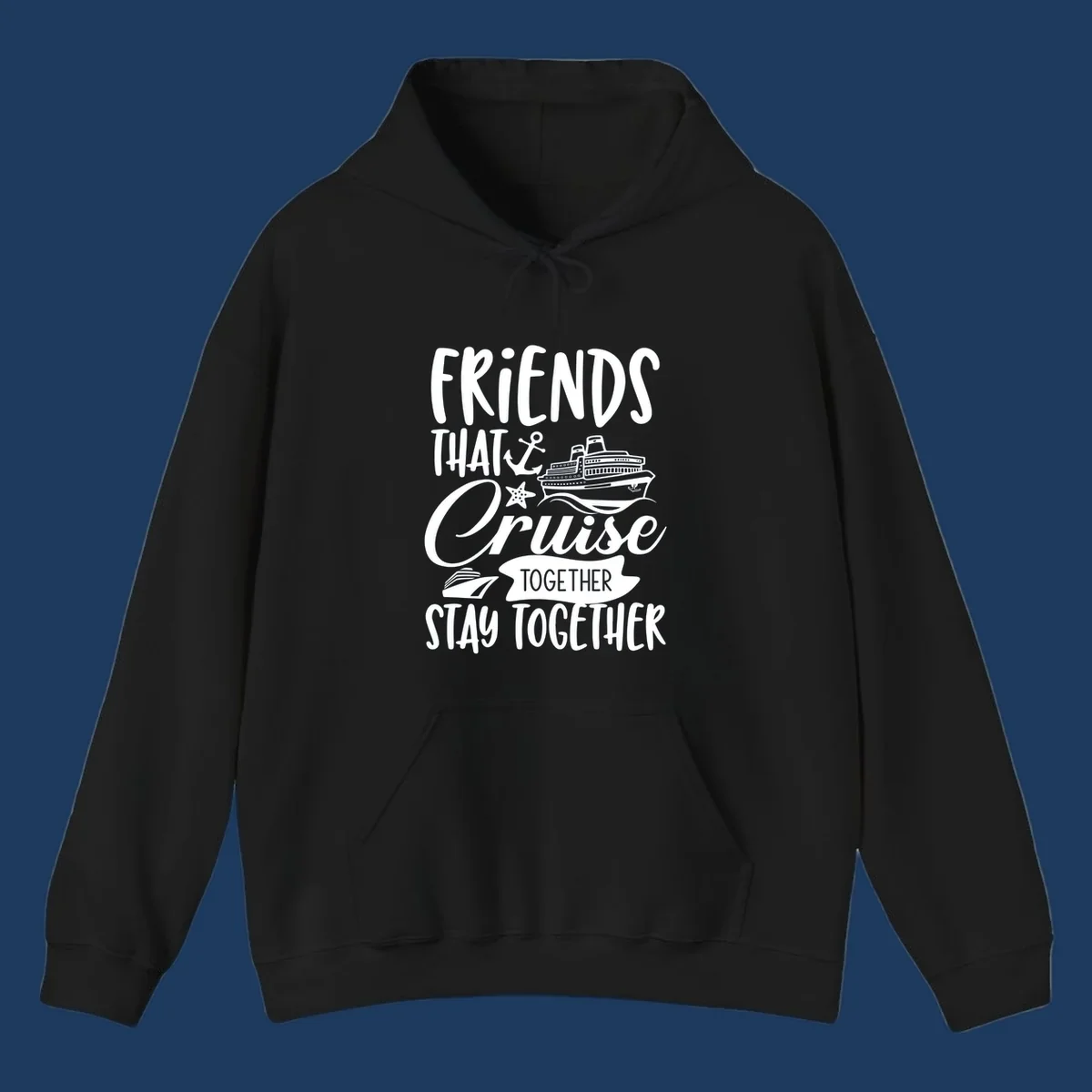 White nautical design with cruise ship, anchor and starfish illustrating 'Friends That Cruise Together Stay Together' text on gray background