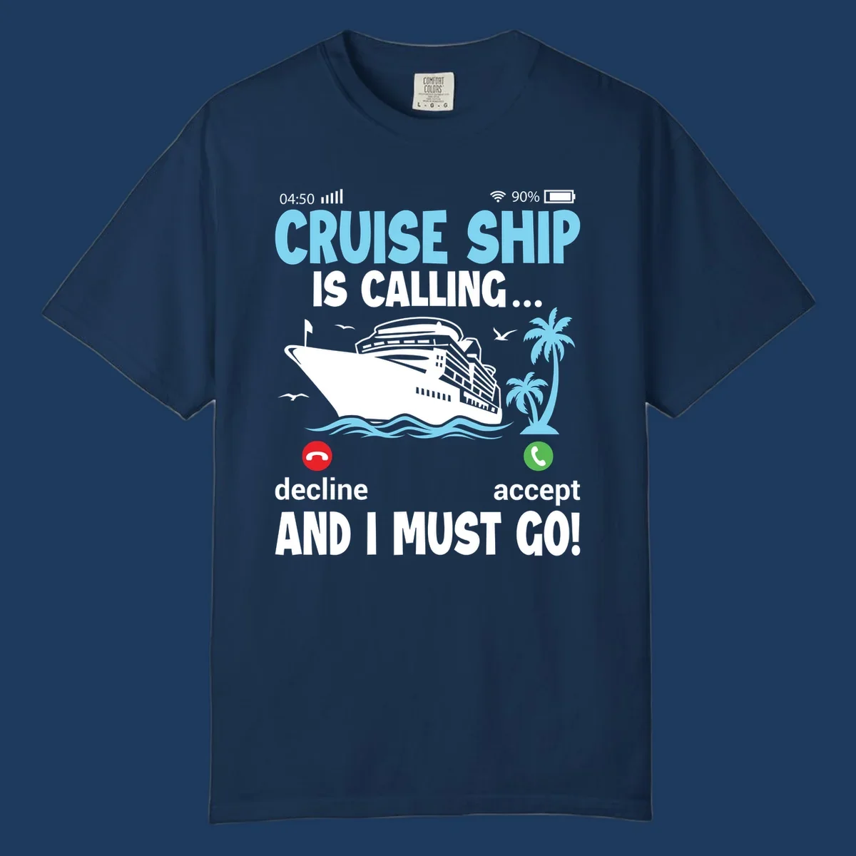 Phone screen showing incoming cruise ship call with decline and accept buttons, tropical ocean scene with palm trees