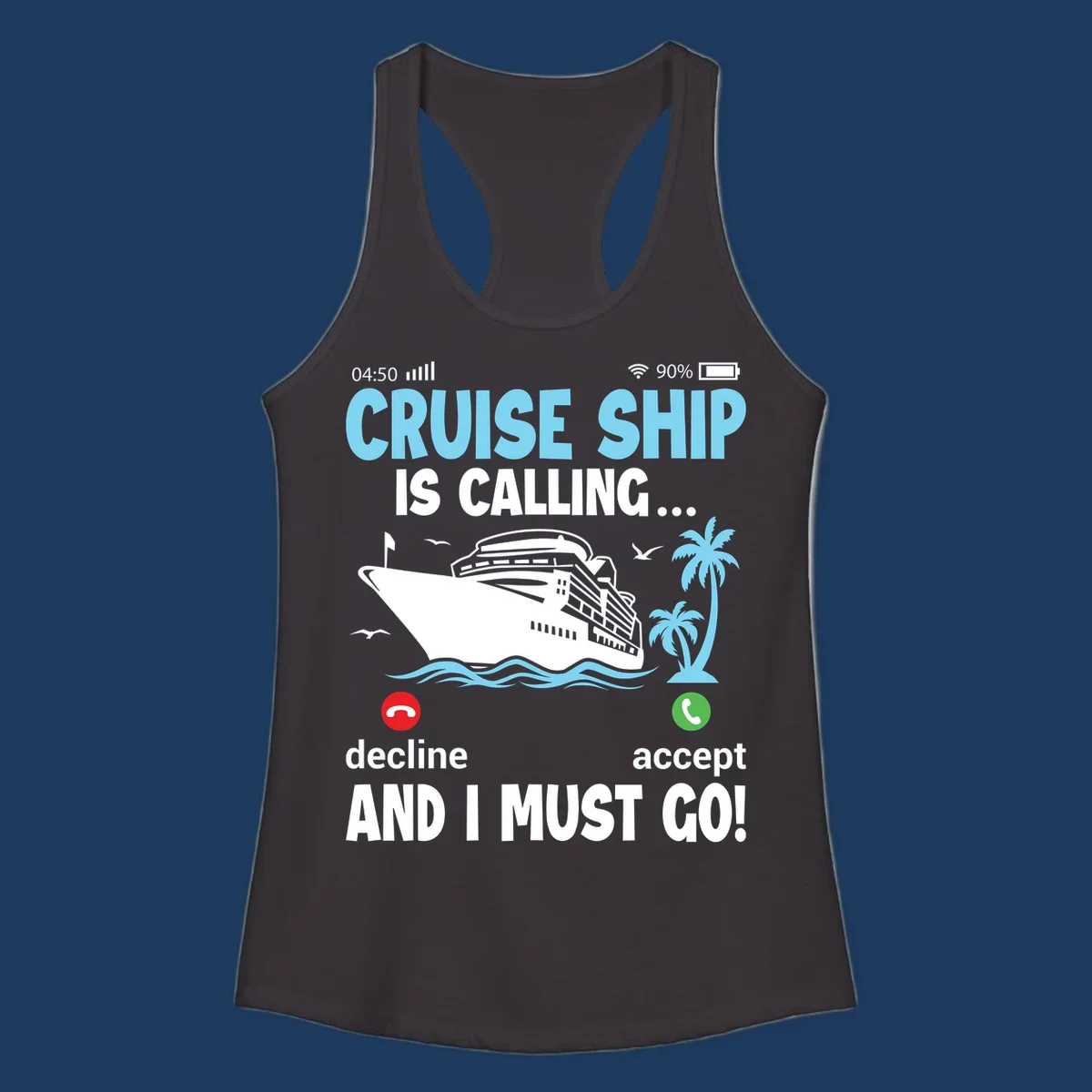 Phone screen showing incoming cruise ship call with decline and accept buttons, tropical ocean scene with palm trees