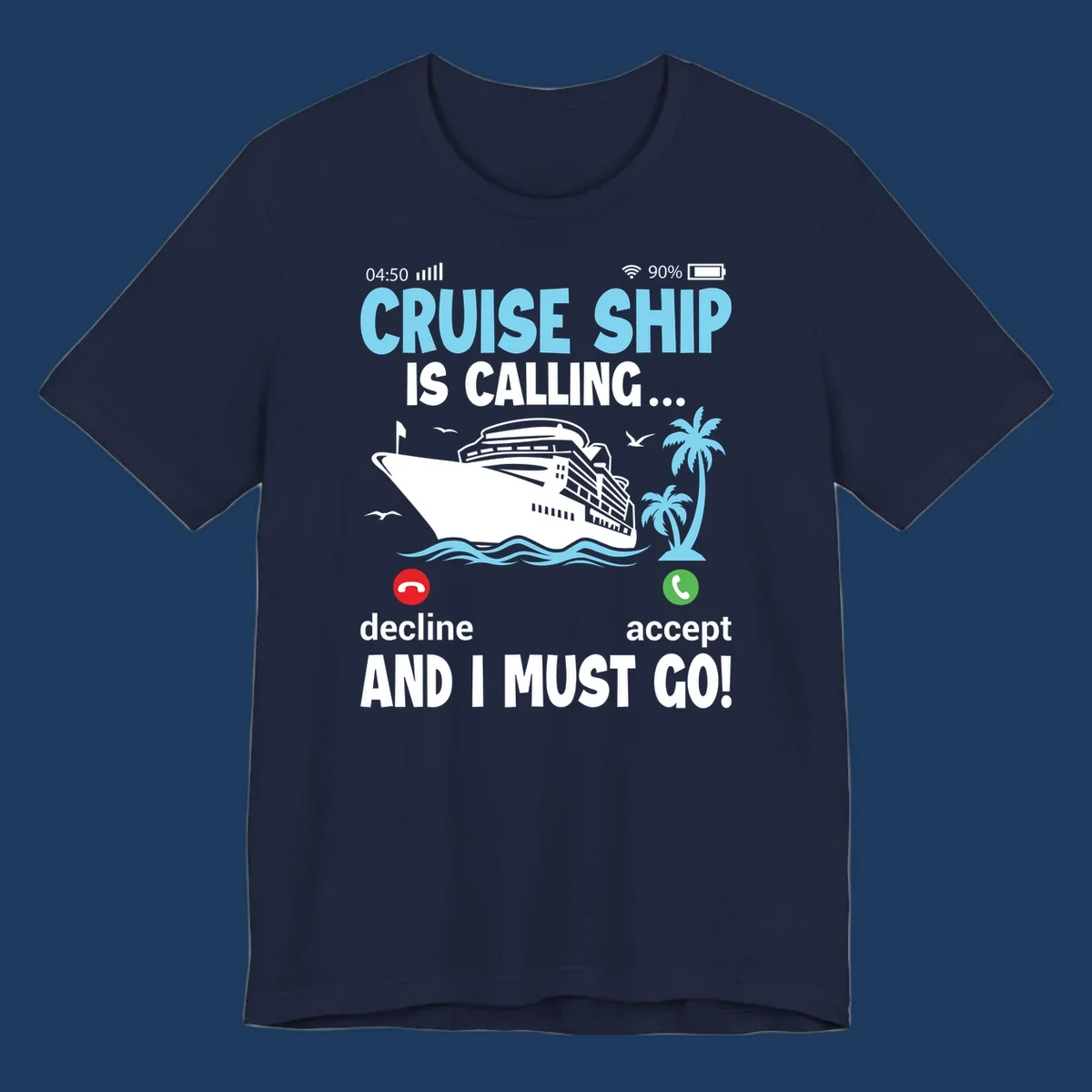 Phone screen showing incoming cruise ship call with decline and accept buttons, tropical ocean scene with palm trees