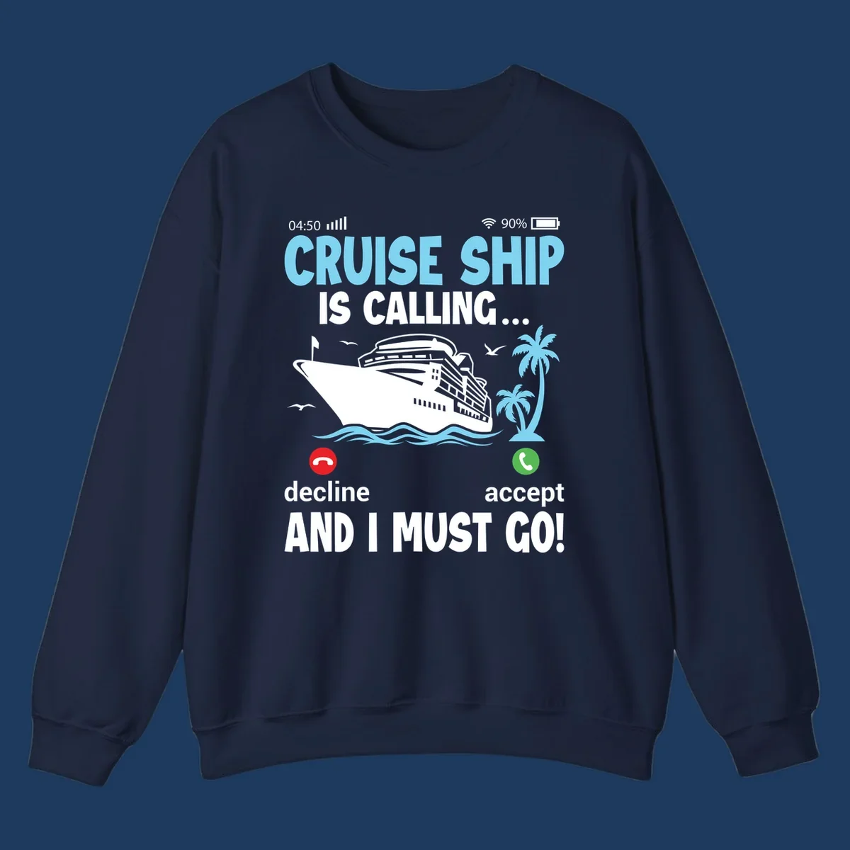 Phone screen showing incoming cruise ship call with decline and accept buttons, tropical ocean scene with palm trees