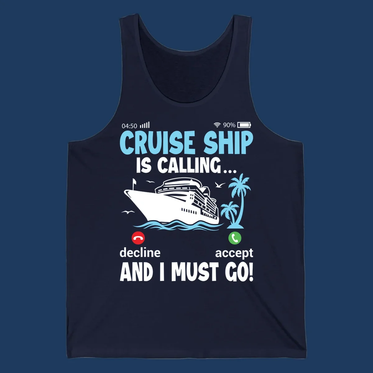 Phone screen showing incoming cruise ship call with decline and accept buttons, tropical ocean scene with palm trees