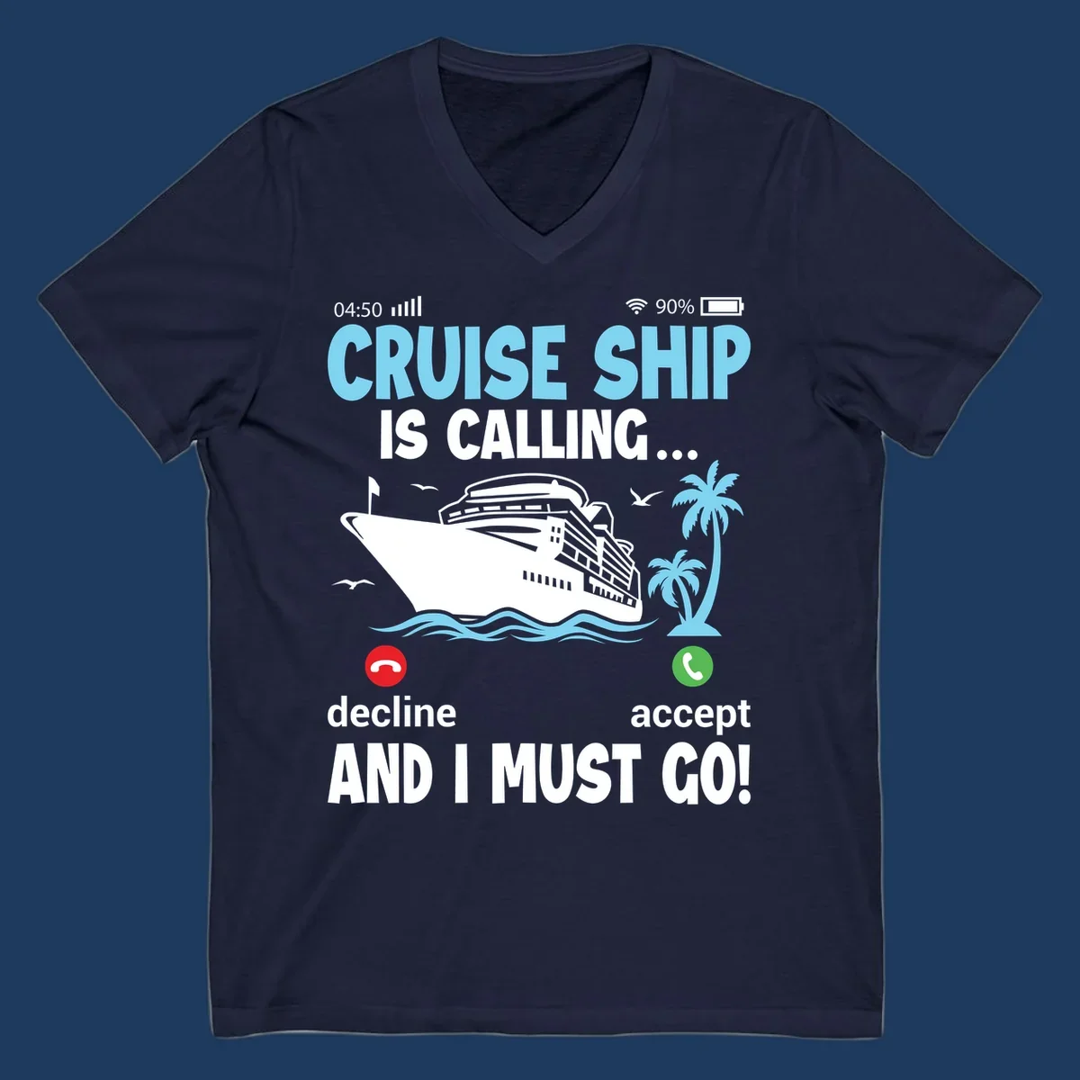 Phone screen showing incoming cruise ship call with decline and accept buttons, tropical ocean scene with palm trees