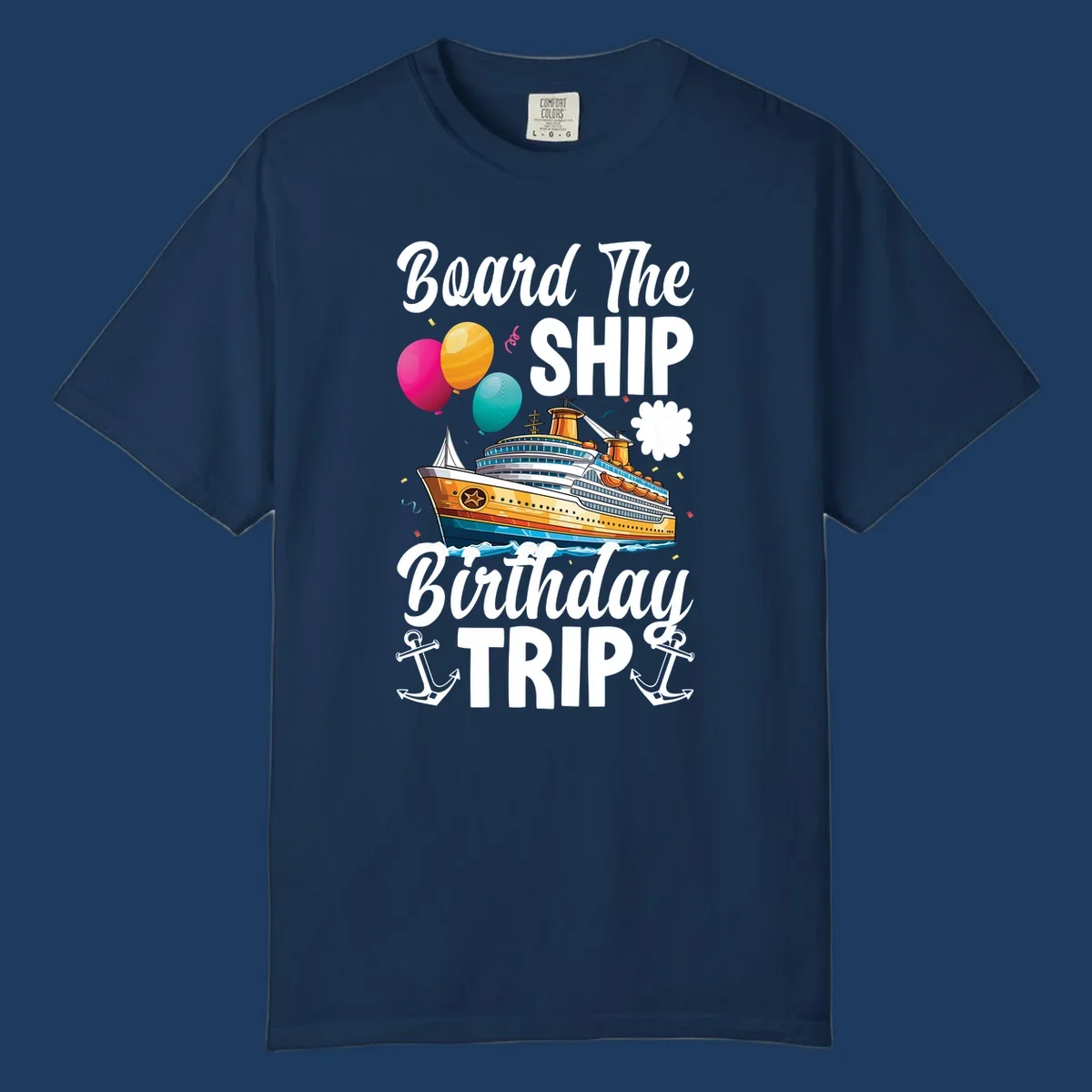 Colorful cruise ship illustration with balloons, confetti, and anchors for board the ship birthday trip design
