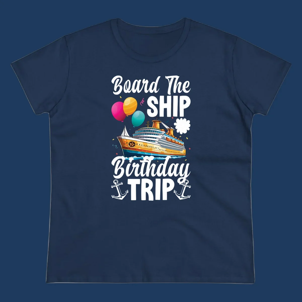 Colorful cruise ship illustration with balloons, confetti, and anchors for board the ship birthday trip design