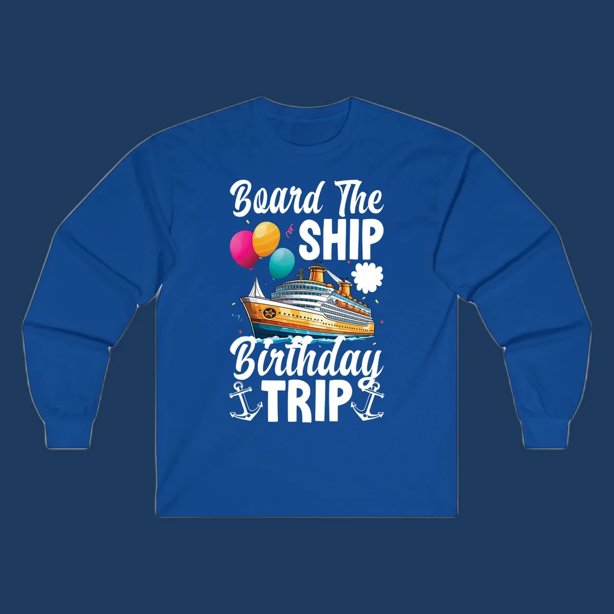Colorful cruise ship illustration with balloons, confetti, and anchors for board the ship birthday trip design
