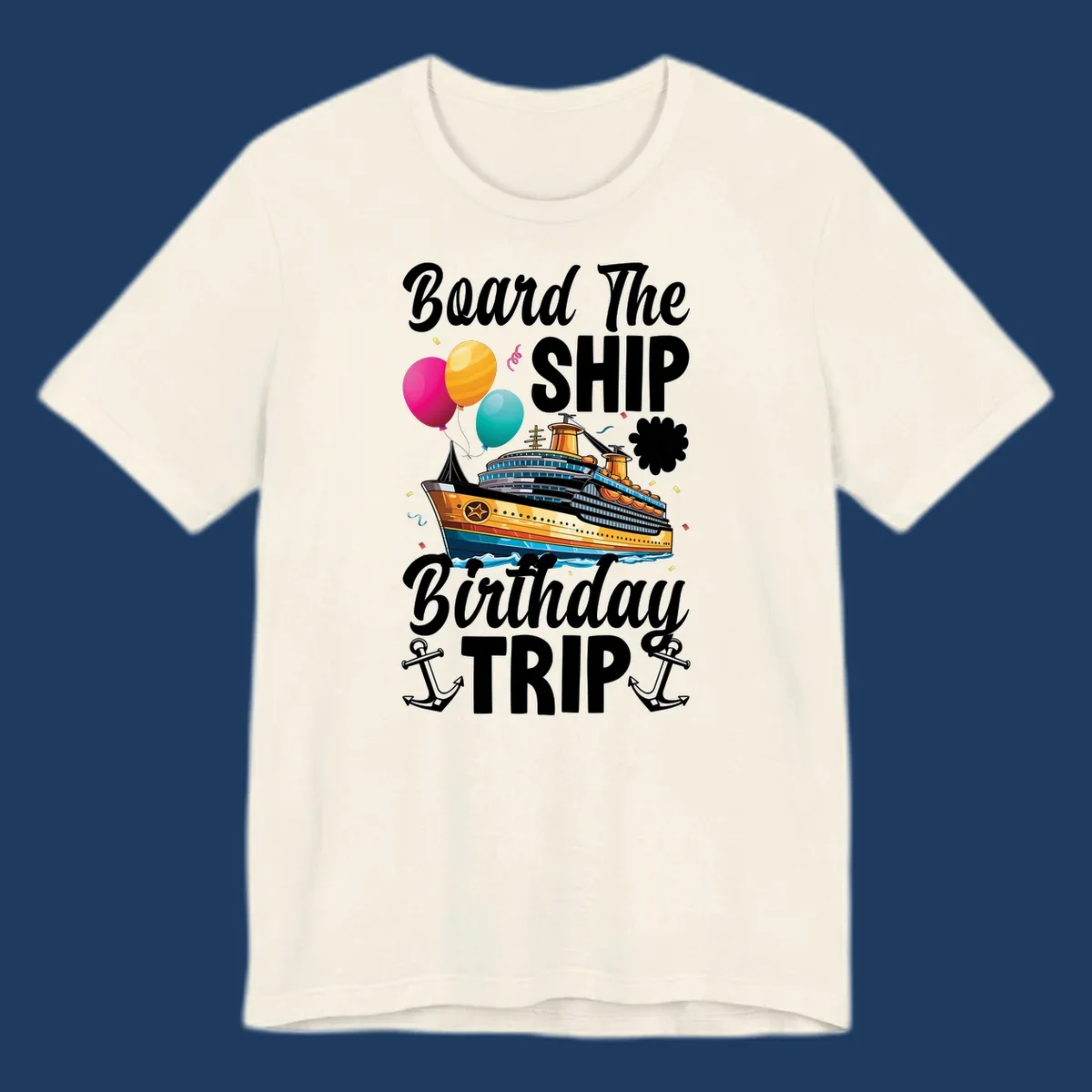 Colorful cruise ship illustration with balloons, confetti, and anchors for board the ship birthday trip design