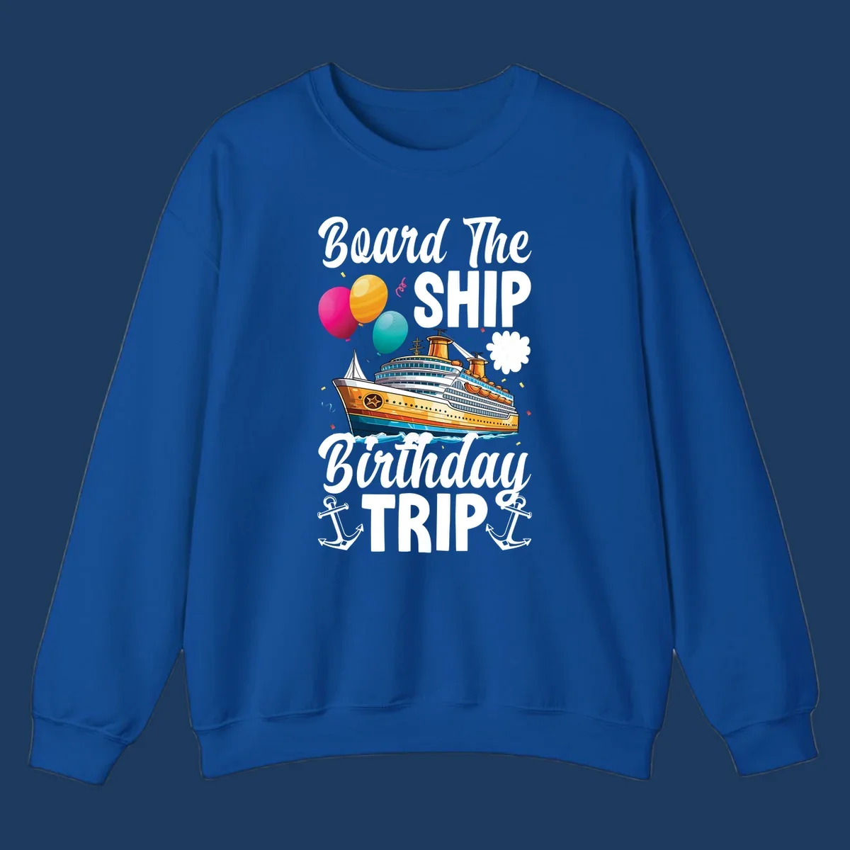 Colorful cruise ship illustration with balloons, confetti, and anchors for board the ship birthday trip design