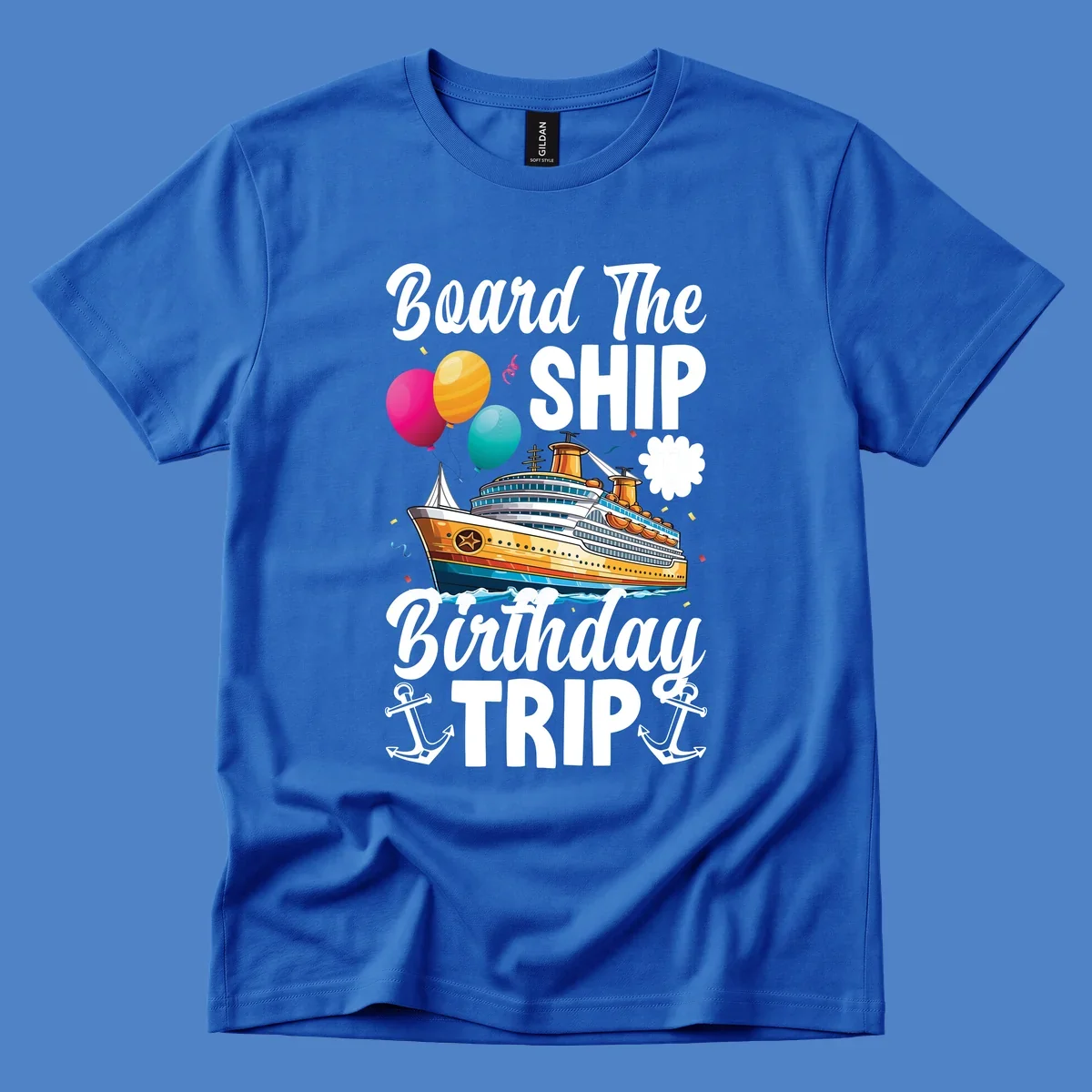 Colorful cruise ship illustration with balloons, confetti, and anchors for board the ship birthday trip design
