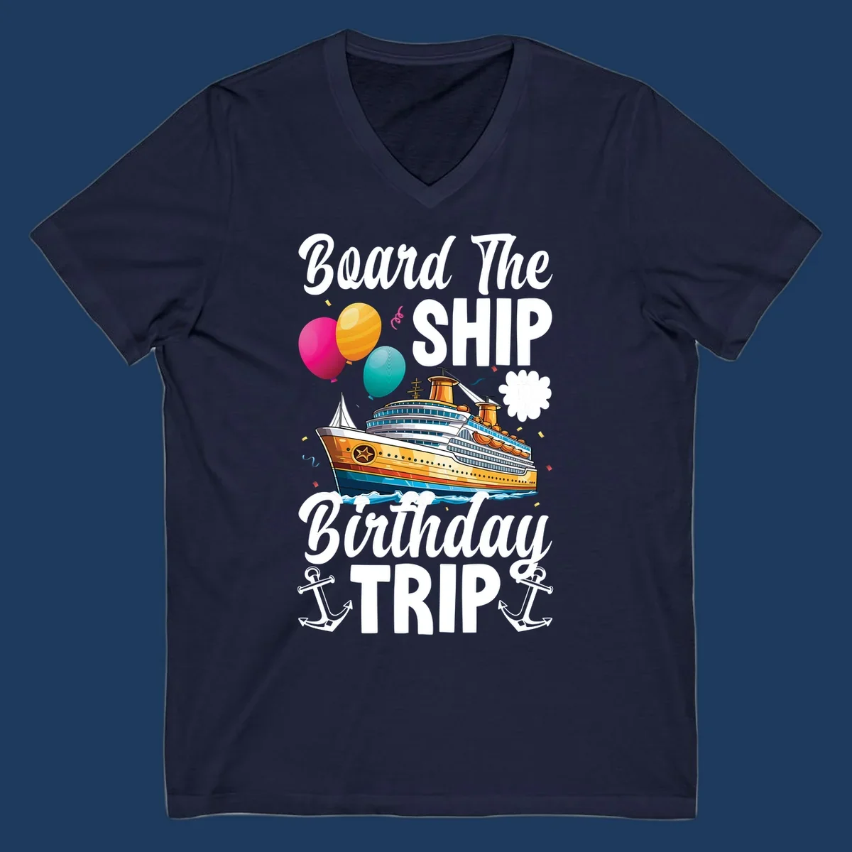 Colorful cruise ship illustration with balloons, confetti, and anchors for board the ship birthday trip design