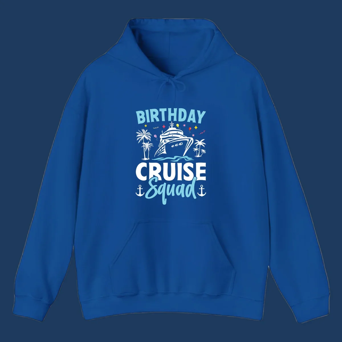 Birthday cruise squad design with ship, palm trees, balloons, stars, and nautical elements on gray background