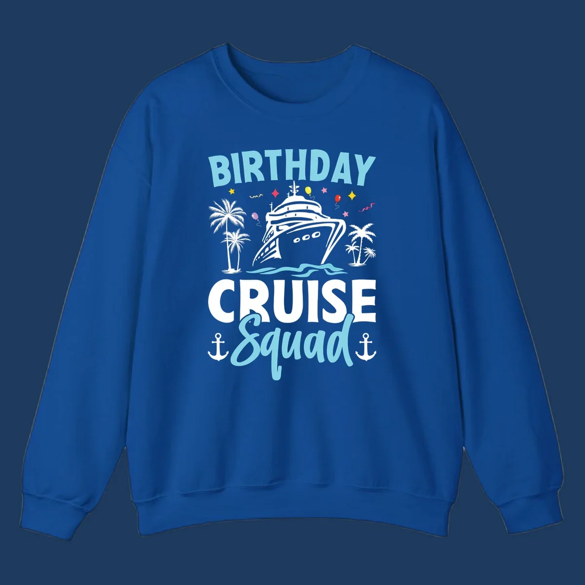 Birthday cruise squad design with ship, palm trees, balloons, stars, and nautical elements on gray background