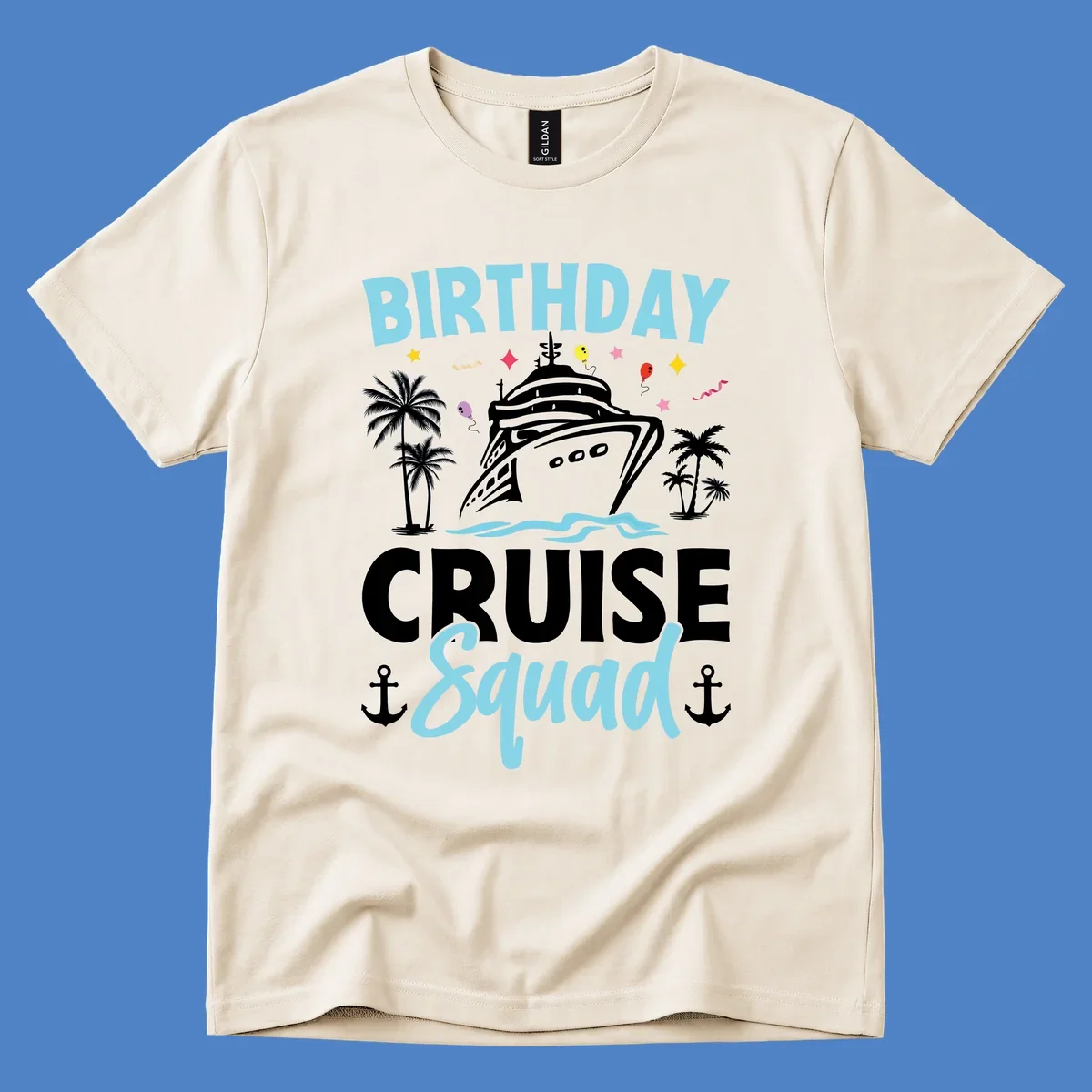 Birthday cruise squad design with ship, palm trees, balloons, stars, and nautical elements on gray background