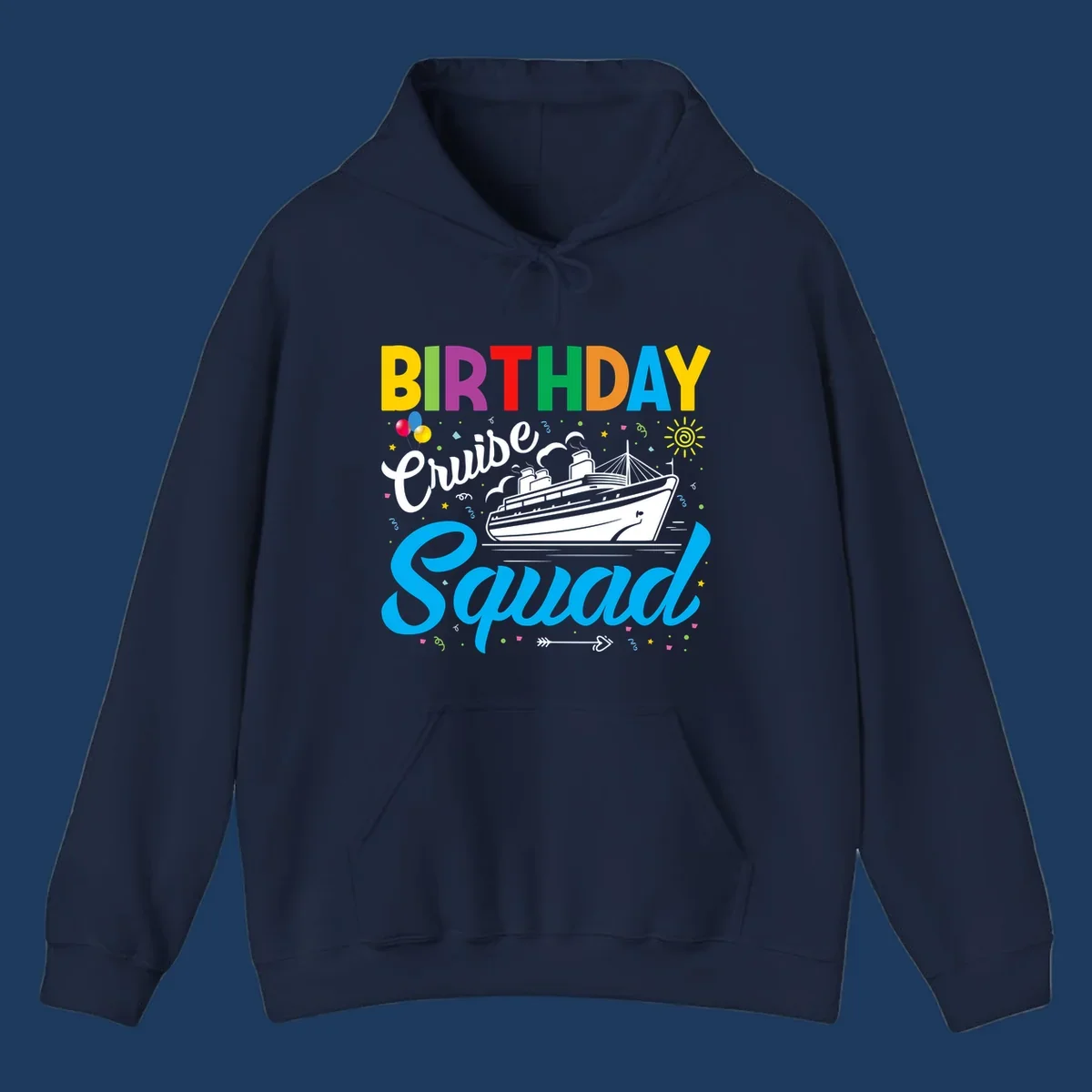 Colorful birthday cruise squad design with cruise ship, balloons, sun, and celebratory elements on gray background