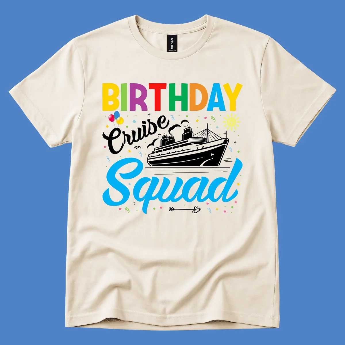 Colorful birthday cruise squad design with cruise ship, balloons, sun, and celebratory elements on gray background