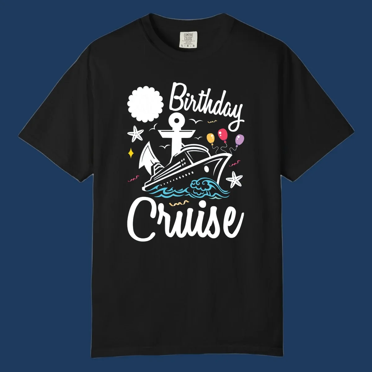 Nautical birthday cruise illustration with ship, anchor, waves, balloons, and starfish on gray background