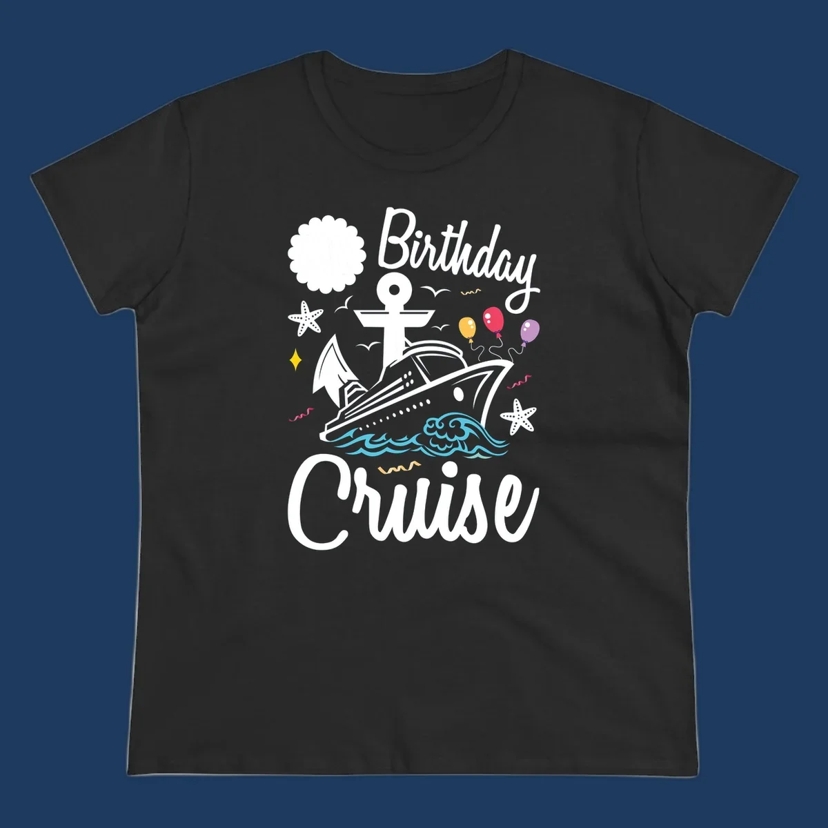 Nautical birthday cruise illustration with ship, anchor, waves, balloons, and starfish on gray background
