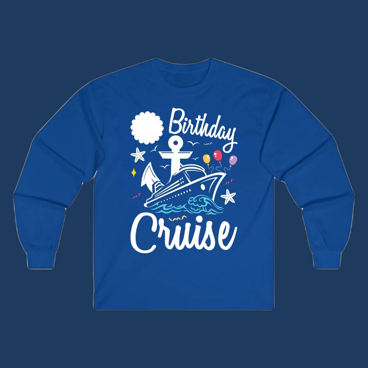 Nautical birthday cruise illustration with ship, anchor, waves, balloons, and starfish on gray background
