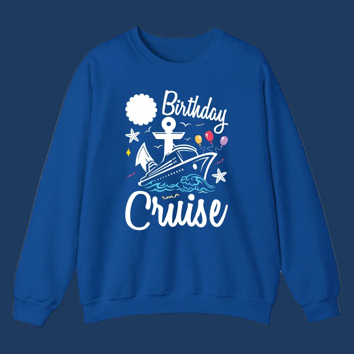 Nautical birthday cruise illustration with ship, anchor, waves, balloons, and starfish on gray background