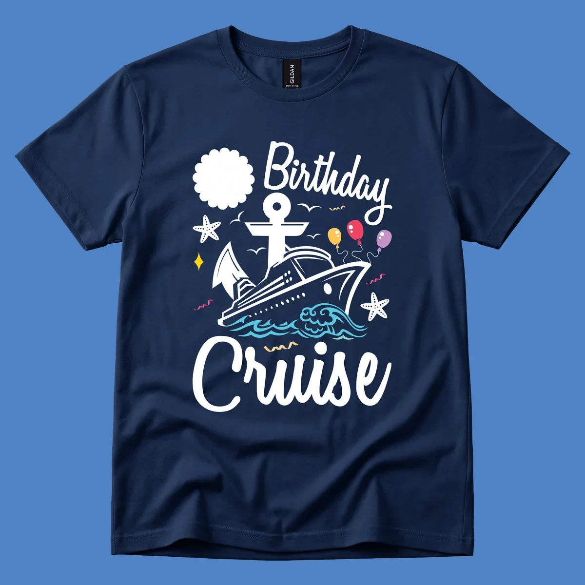 Nautical birthday cruise illustration with ship, anchor, waves, balloons, and starfish on gray background