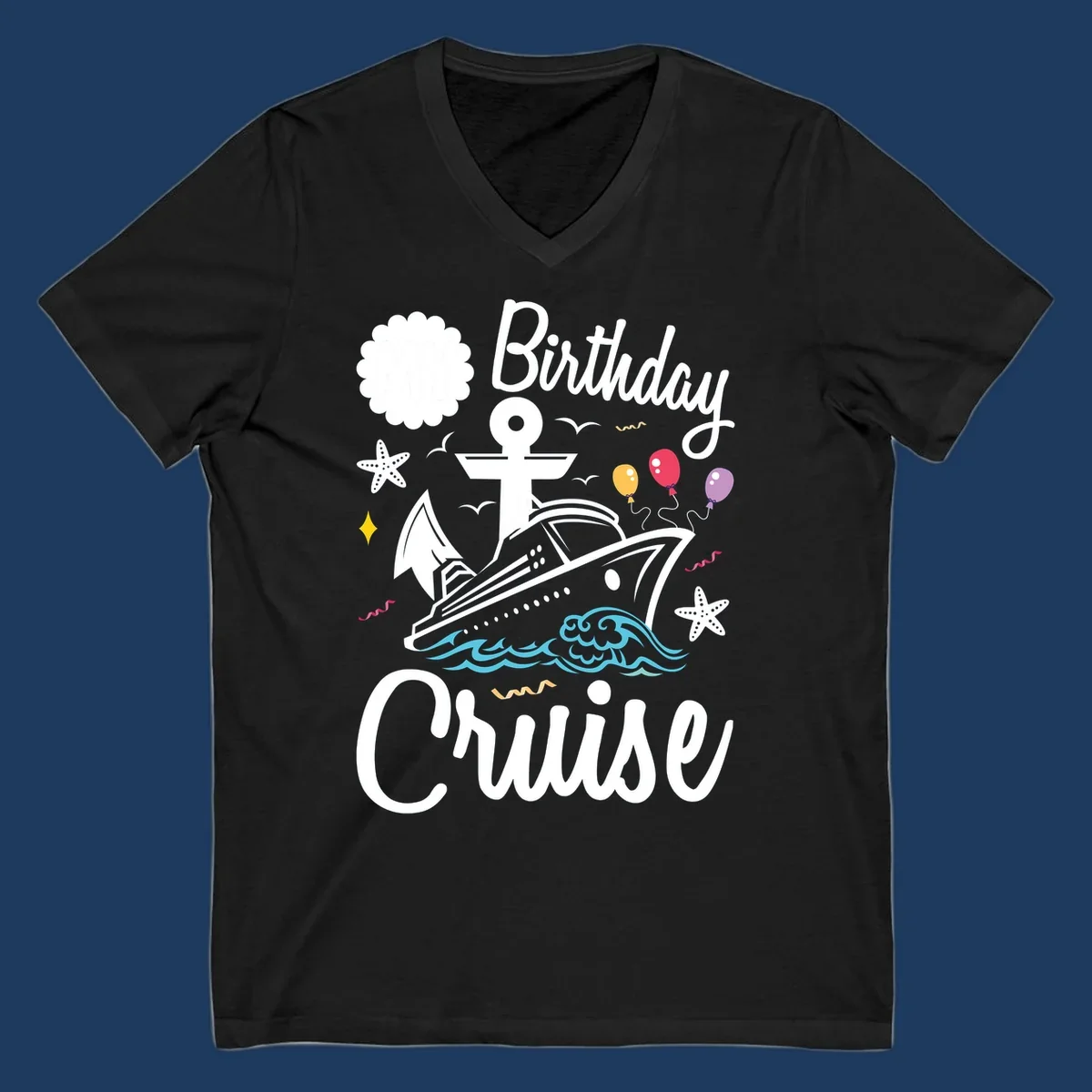 Nautical birthday cruise illustration with ship, anchor, waves, balloons, and starfish on gray background