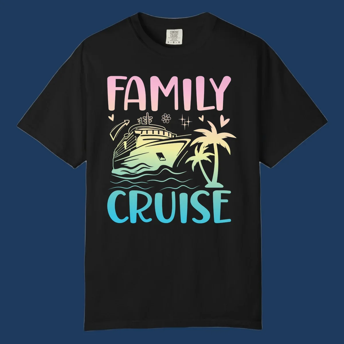 Family cruise vacation design with colorful gradient cruise ship, palm trees, ocean waves, hearts and sparkles illustration