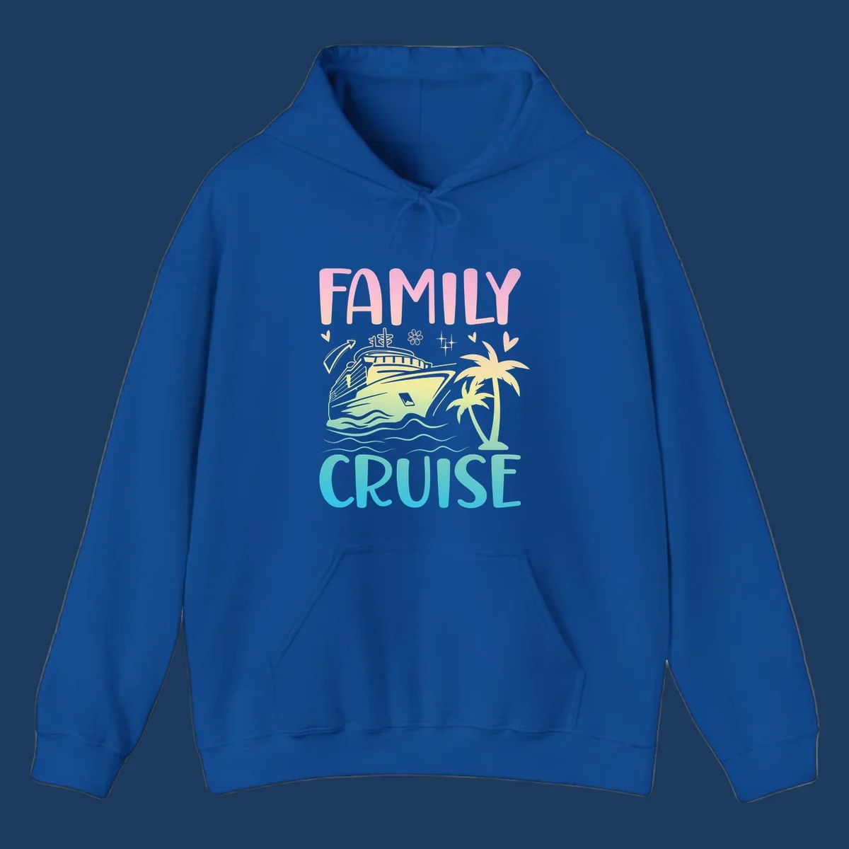 Family cruise vacation design with colorful gradient cruise ship, palm trees, ocean waves, hearts and sparkles illustration