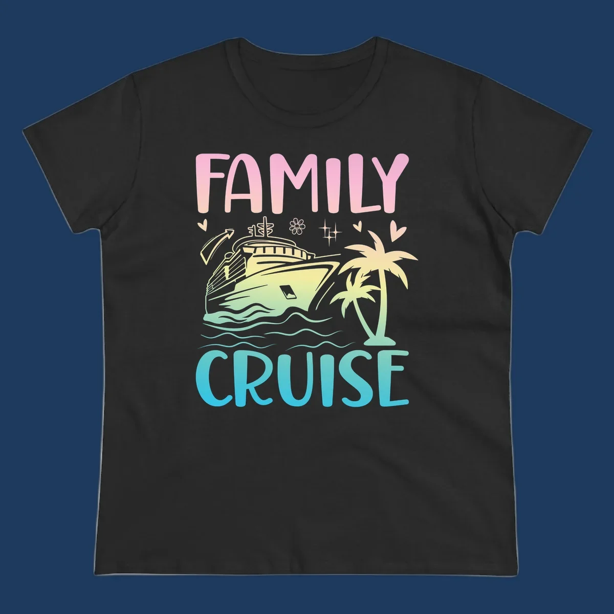 Family cruise vacation design with colorful gradient cruise ship, palm trees, ocean waves, hearts and sparkles illustration
