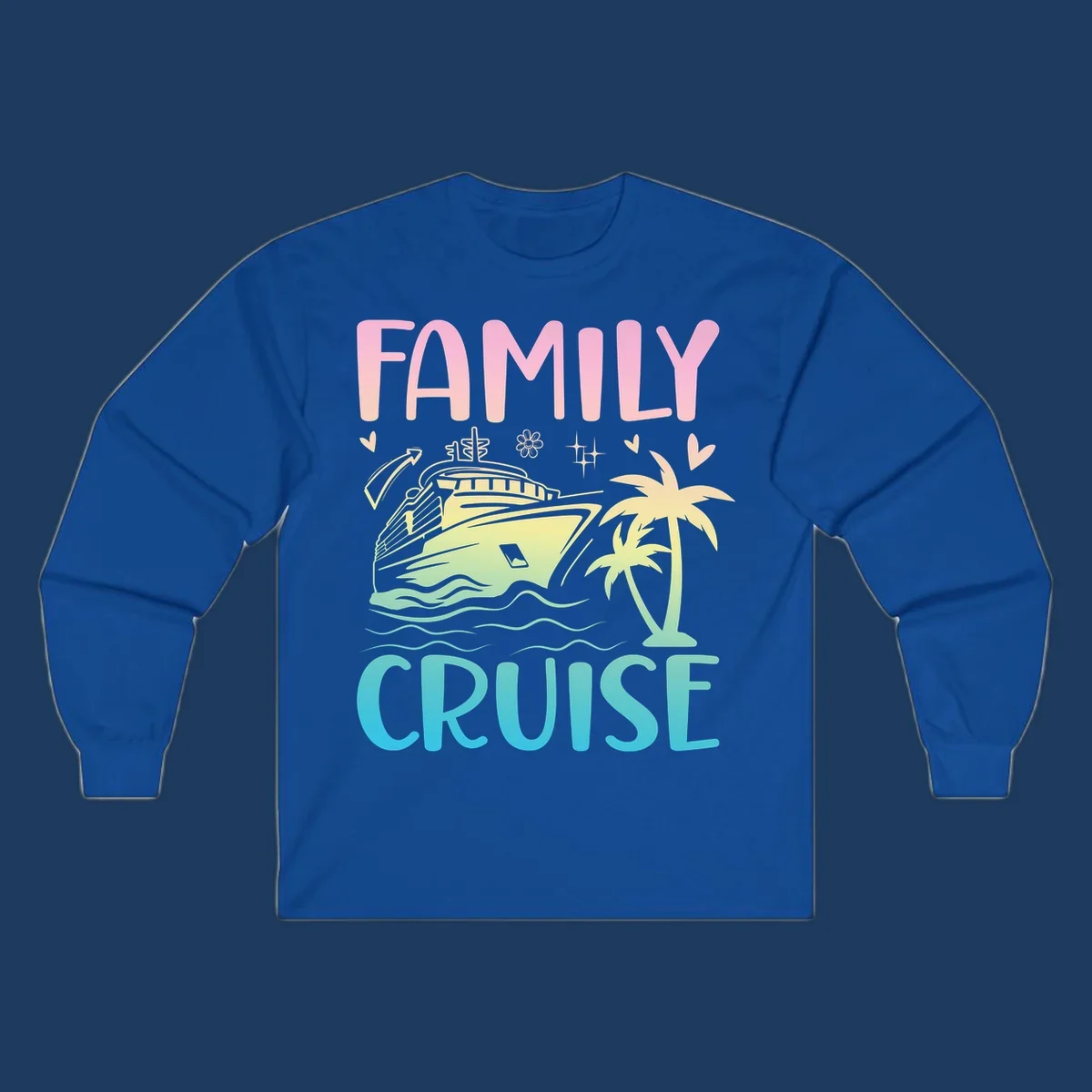 Family cruise vacation design with colorful gradient cruise ship, palm trees, ocean waves, hearts and sparkles illustration