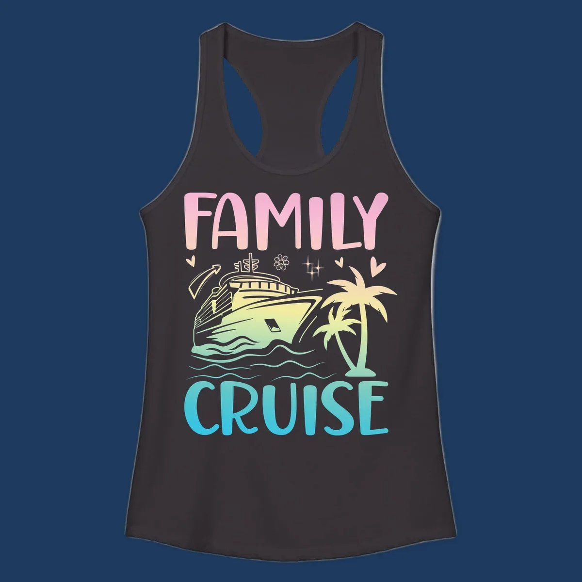 Family cruise vacation design with colorful gradient cruise ship, palm trees, ocean waves, hearts and sparkles illustration