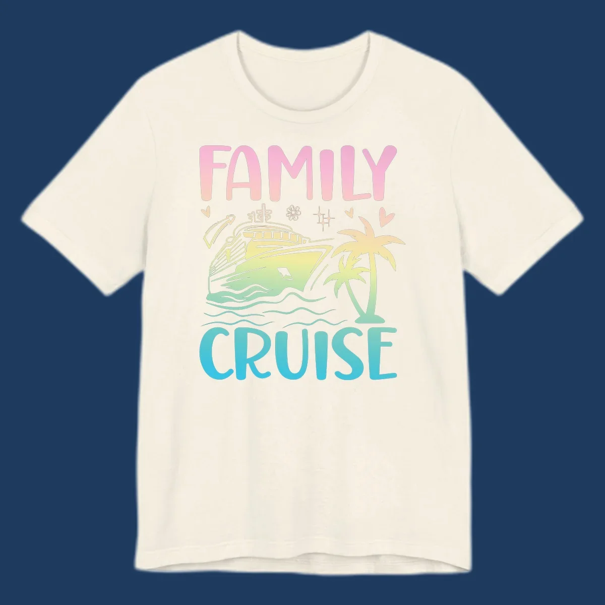 Family cruise vacation design with colorful gradient cruise ship, palm trees, ocean waves, hearts and sparkles illustration